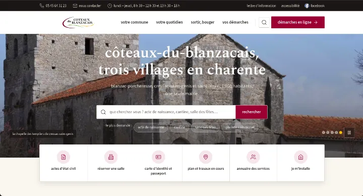 Page d'accueil du site internet de la mairie des Coteaux du Blanzacais